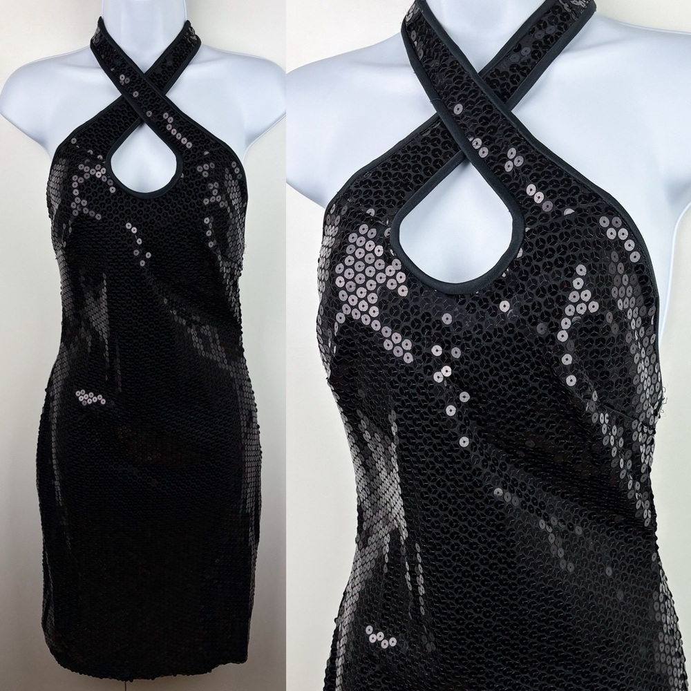 Y2K Sequin Criss Cross Halter Open Back Black Shimmer Cocktail Mini Dress Hoco
